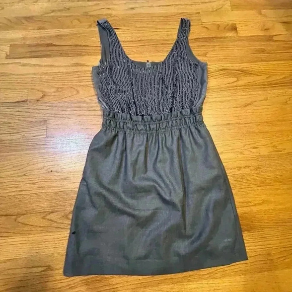 J Crew Grey "Aurelia" Beaded Silk Couplet Sleeveless Cocktail Dress Size 4 FLAW - Picture 2 of 8